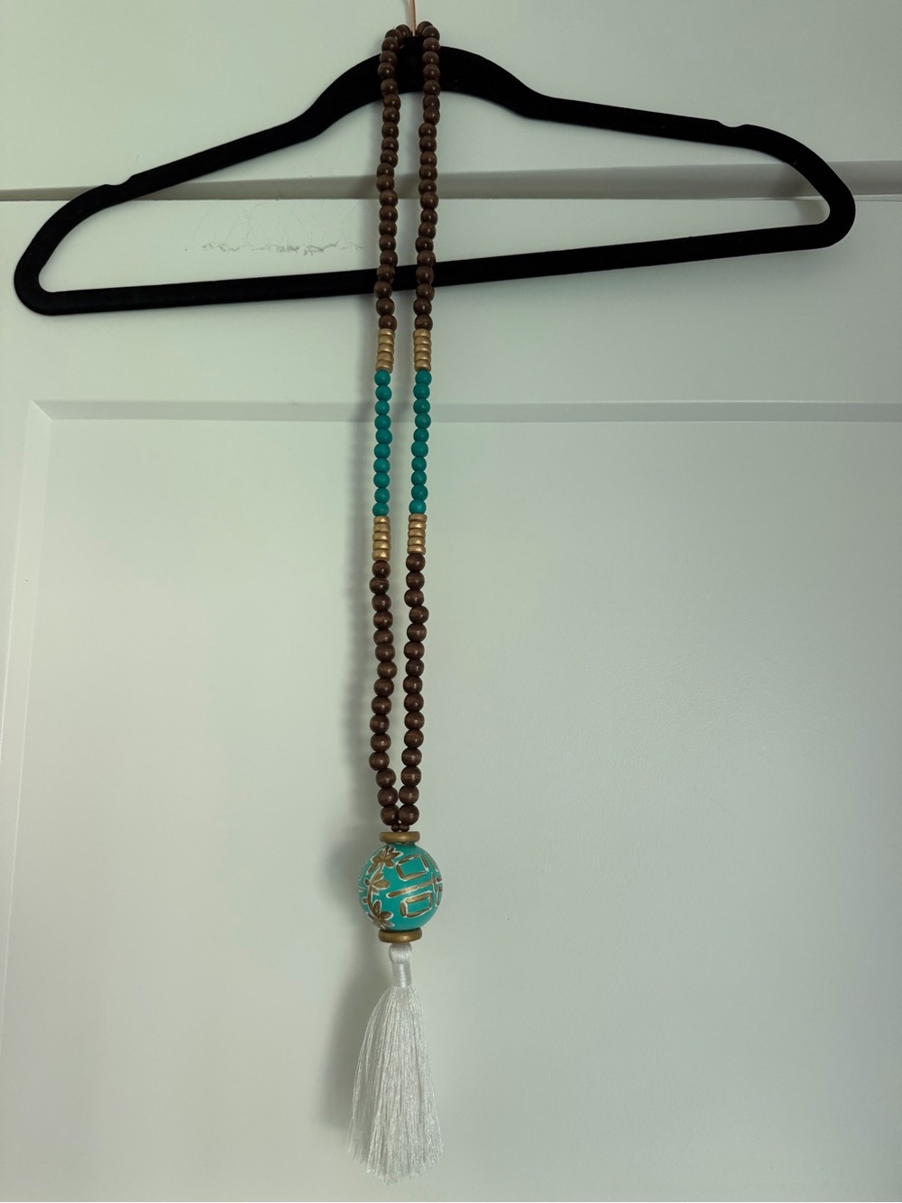 Turquoise & Brown wooden Beaded Tassel Necklace